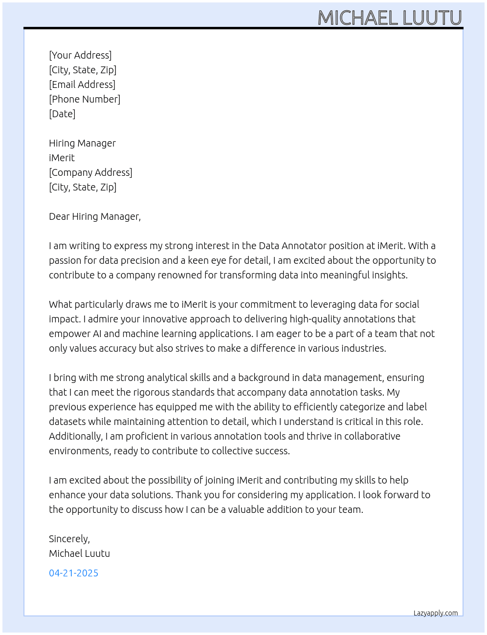 Data annotator At imerit Cover Letter