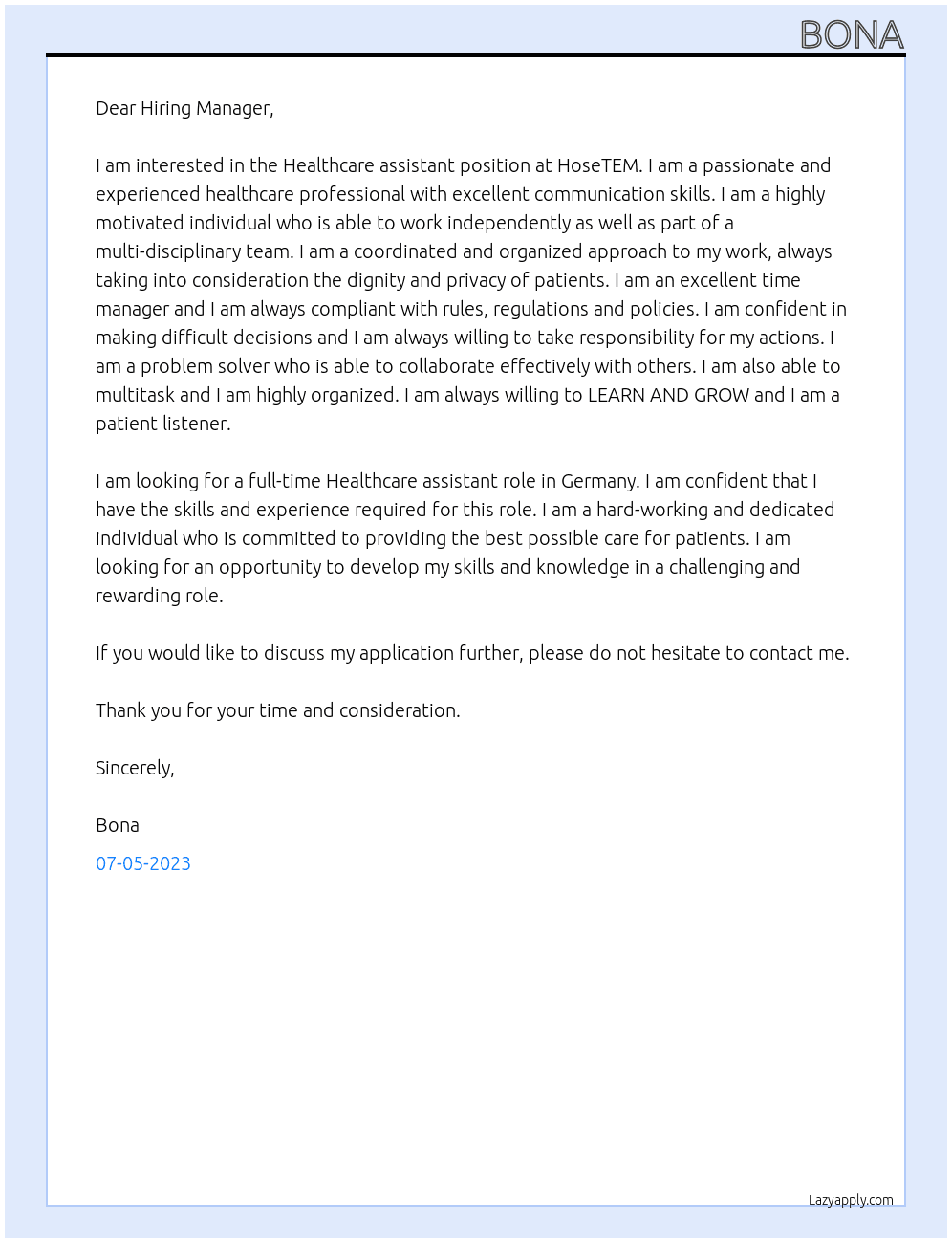Healthcare assistant  At HoseTEM Cover Letter