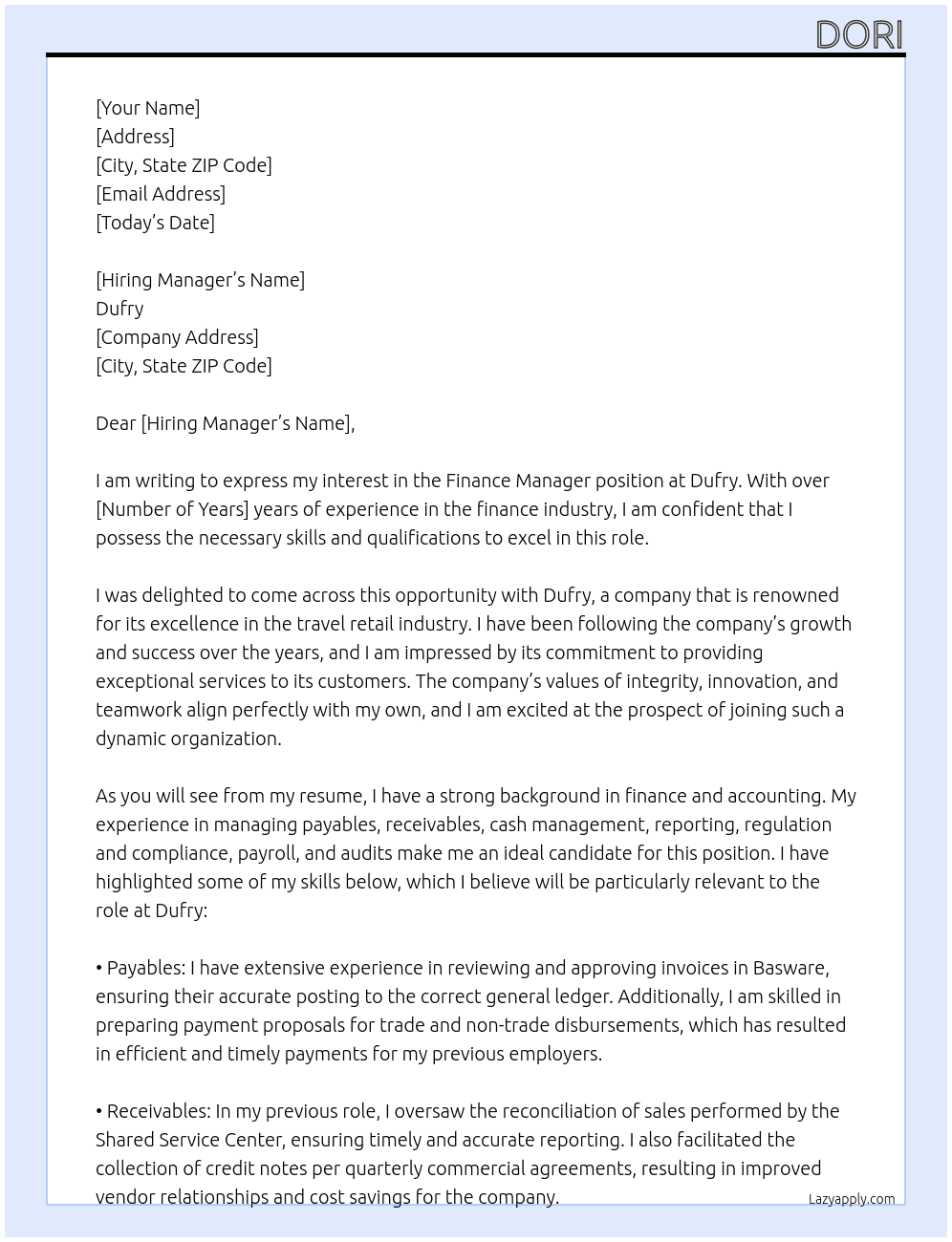 Finance Manager At Dufry Cover Letter