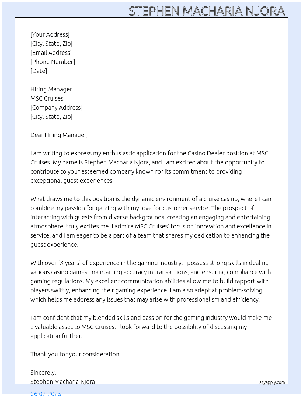 CASINO DEALER At MSC cruises Cover Letter