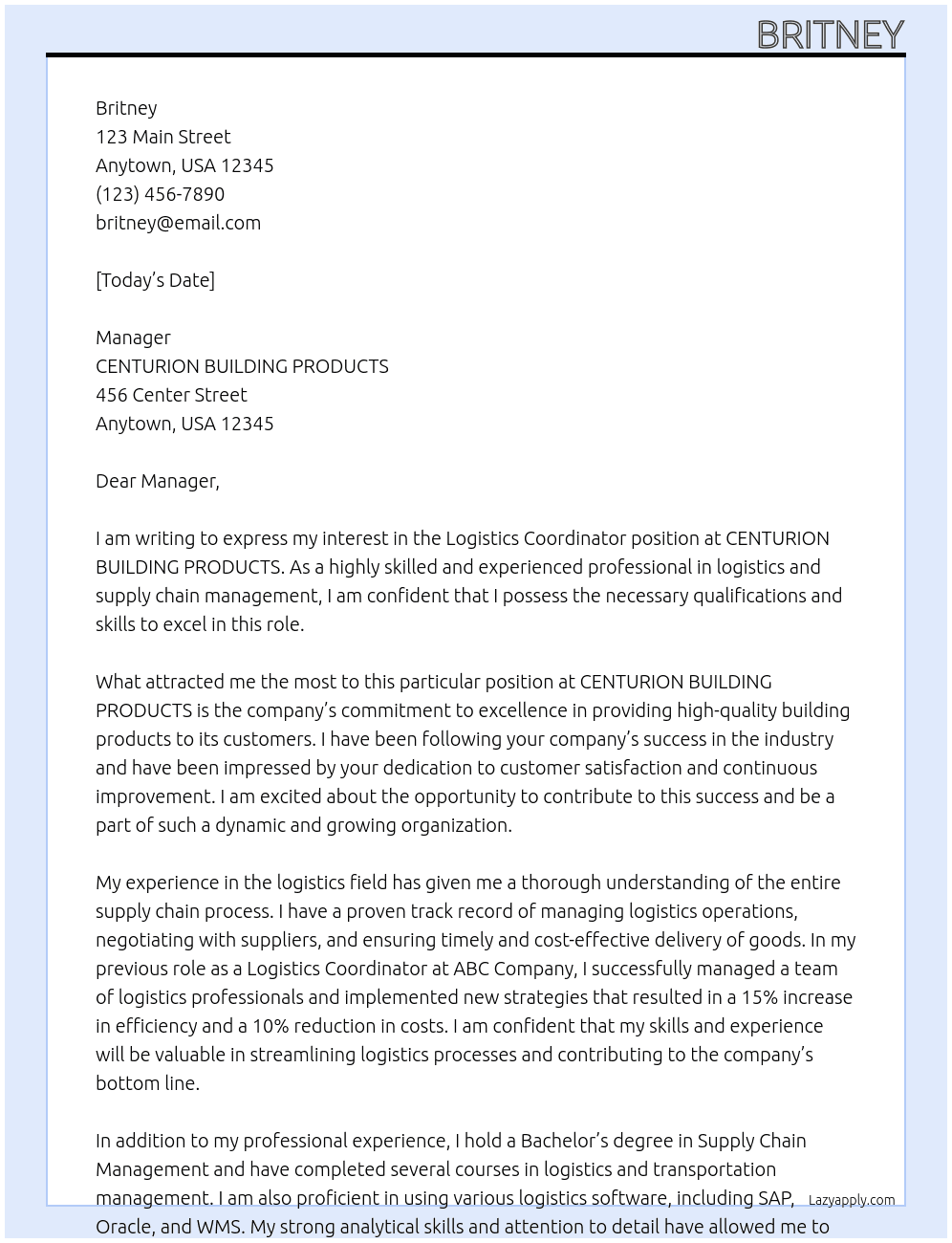 Logistics Coordinator At CENTURION BUILDING PRODUCTS Cover Letter