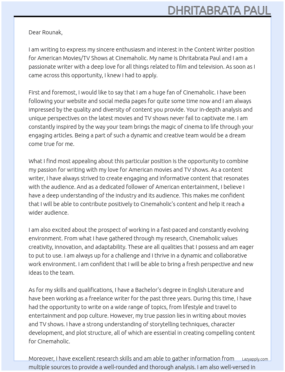 Content Writer - (American Movies/TV Shows) At Cinemaholic Cover Letter
