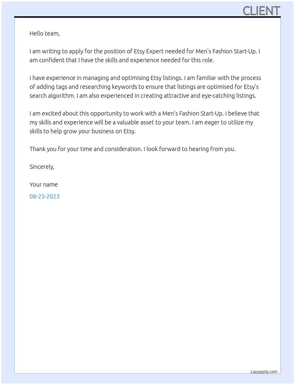 Etsy Expert Needed For Men's Fashion Start-Up At team Cover Letter