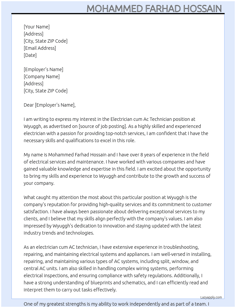 Electrician cum Ac technician  At Wyuggh Cover Letter
