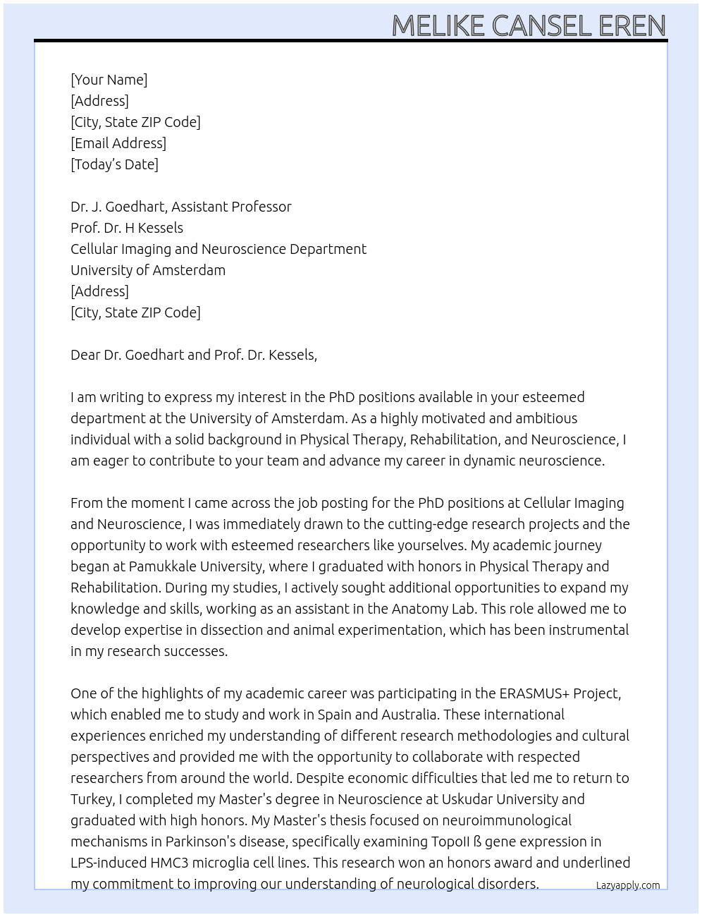 PhD pisition At  Cellular imaging and Neuroscience- University of Amsterdam Cover Letter