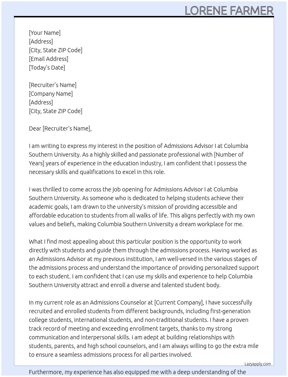 Admissions Advisor I At Columbia Southern University Cover Letter