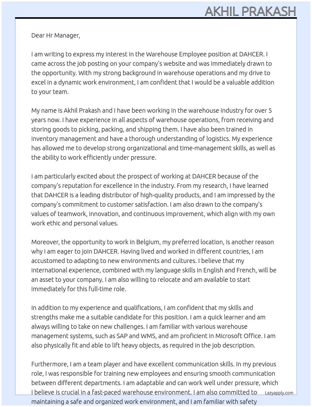 Warehouse Employee  At DAHCER Cover Letter