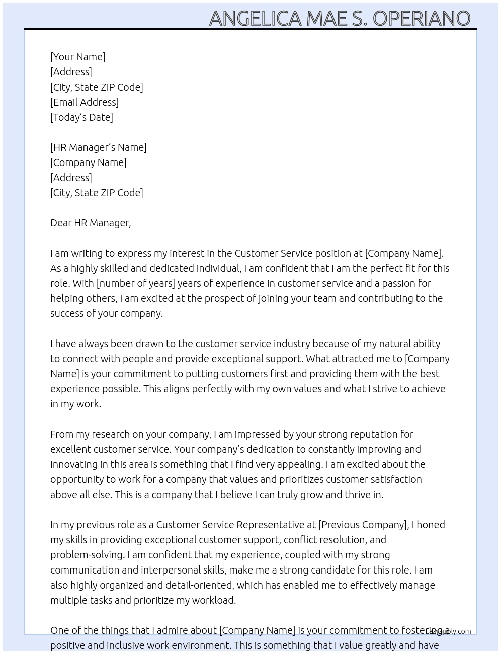 Customer service  At Customer service  Cover Letter