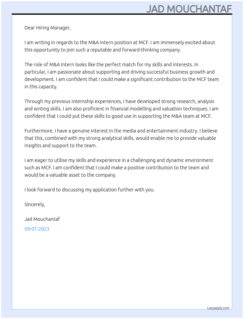 M&A Intern At MCF Cover Letter
