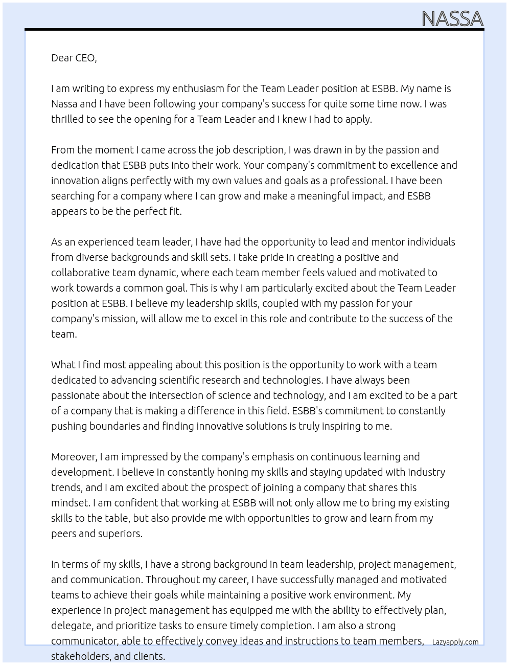 Team Leader At ESBB Cover Letter