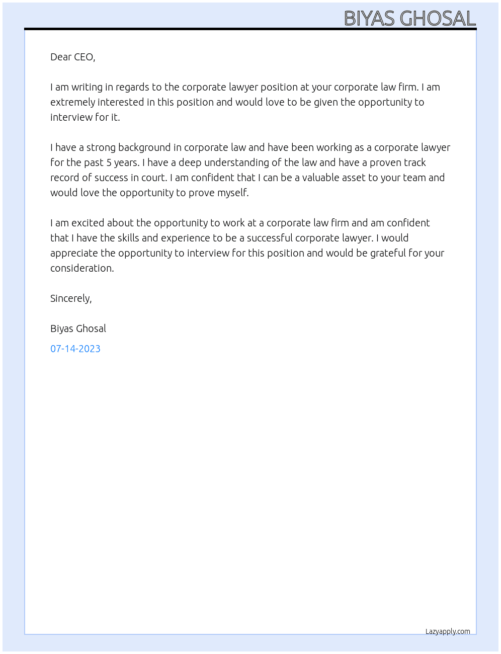 Corporate Lawyer  At Corporate law firm Cover Letter