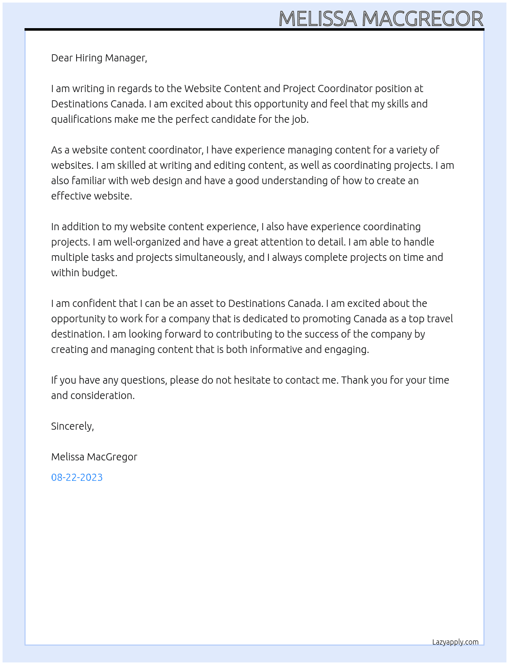 Website Content and Project Coordinator At Destinations Canada Cover Letter