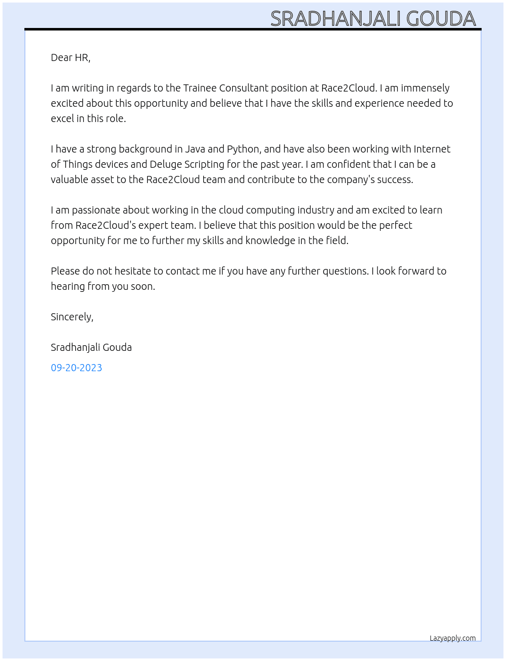Trainee Consultant At Race2Cloud Cover Letter
