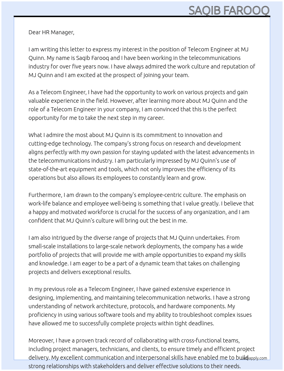 telecom engineer At mj quinn Cover Letter
