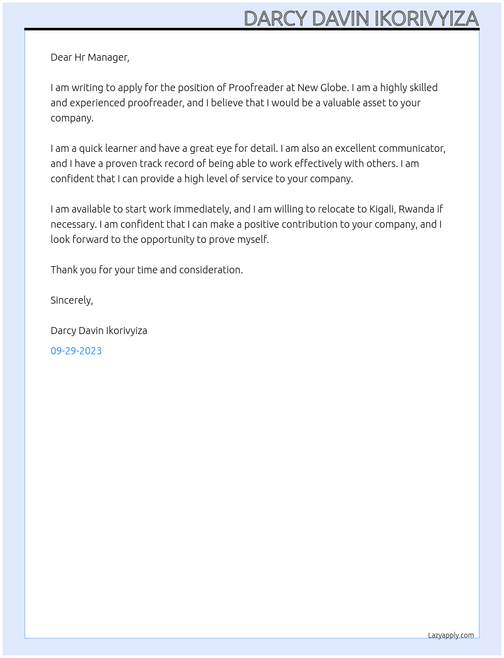 Proofreader At New Globe Cover Letter