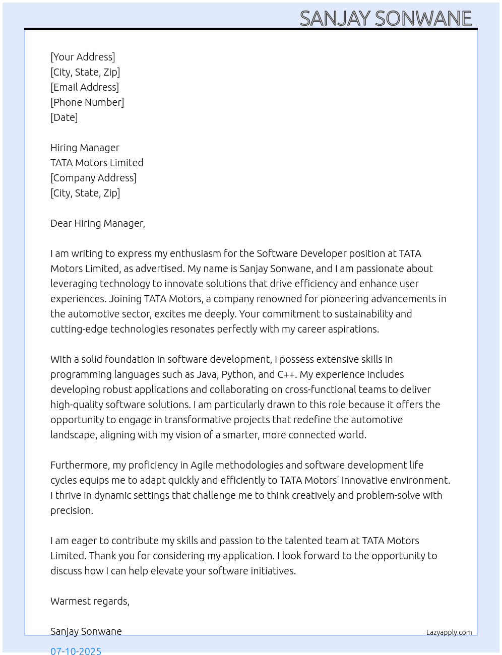 Software developer  At TATA motors limited  Cover Letter