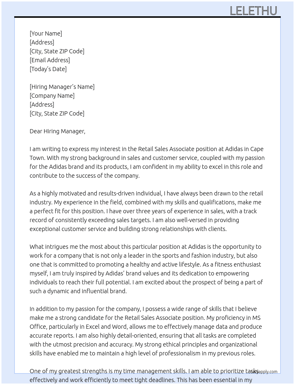 RETAIL SALES ASSOCIATE                                             At Adidas  Cover Letter