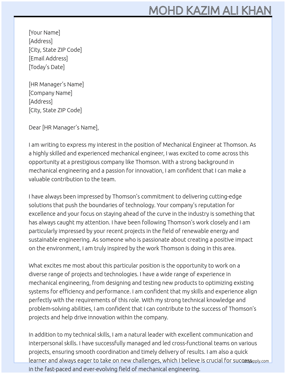 Mechanical Engineer At Thomson Cover Letter