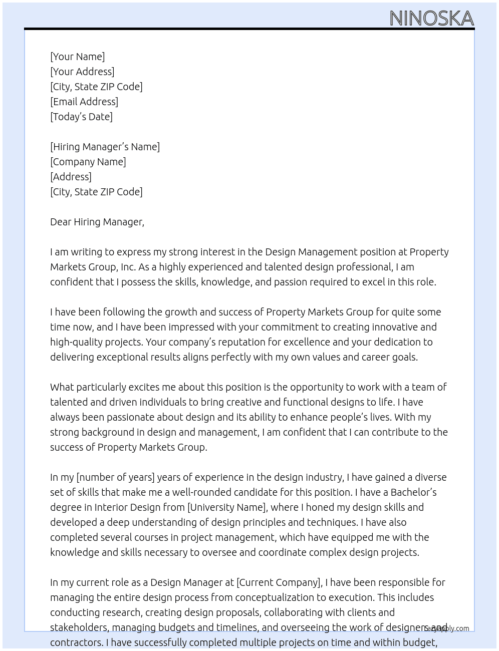 Design Management At Property Markets Group, Inc. Cover Letter