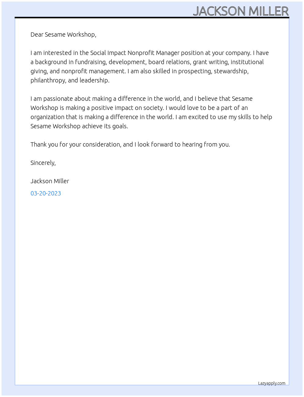 Social Impact Nonprofit Manager At Sesame Workshop Cover Letter