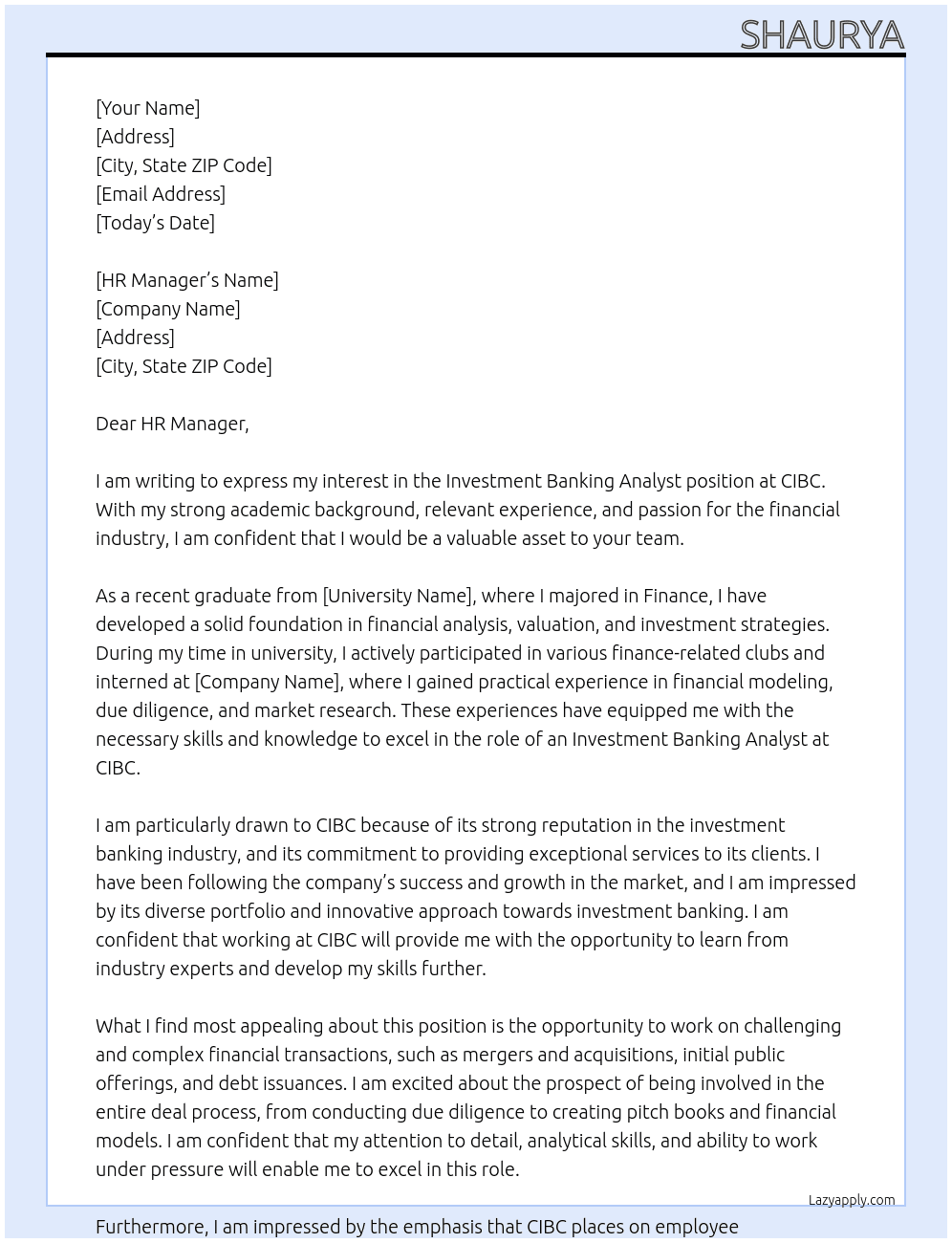 Investment Banking Analyst At CIBC Cover Letter