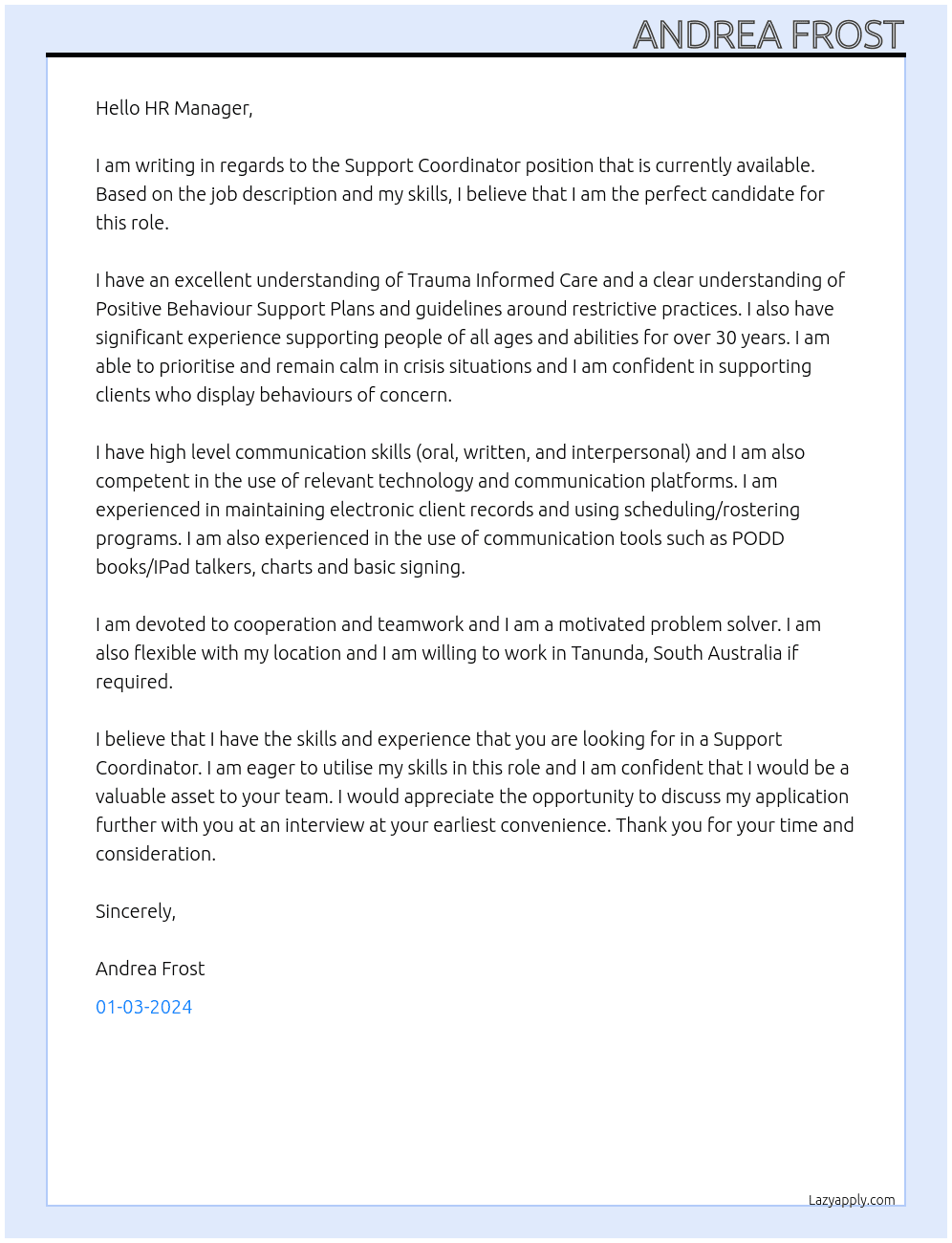 Support Coordinator At My Ability Pathways Cover Letter