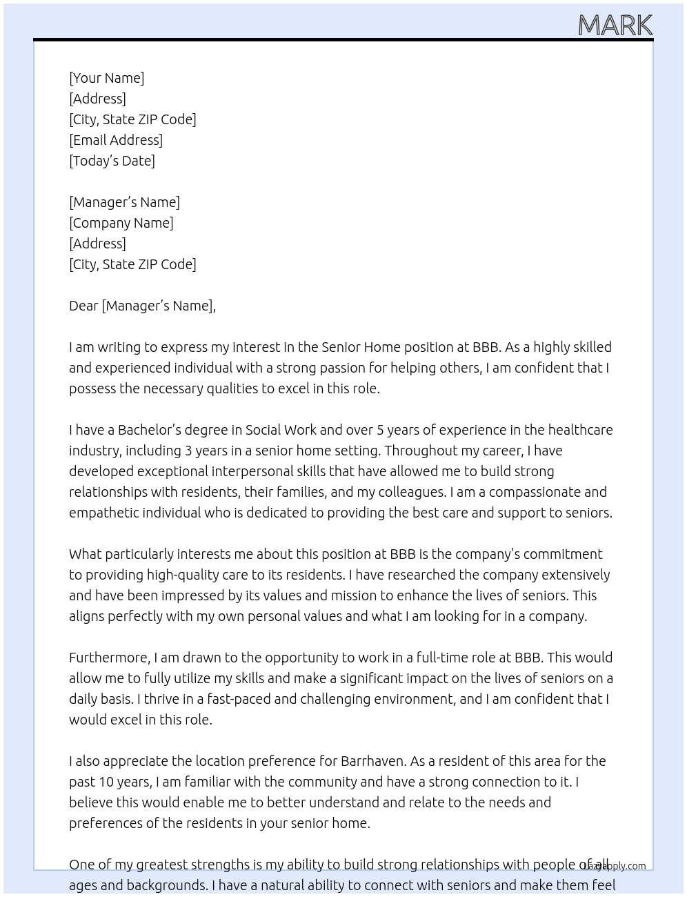 senior home At bbb Cover Letter