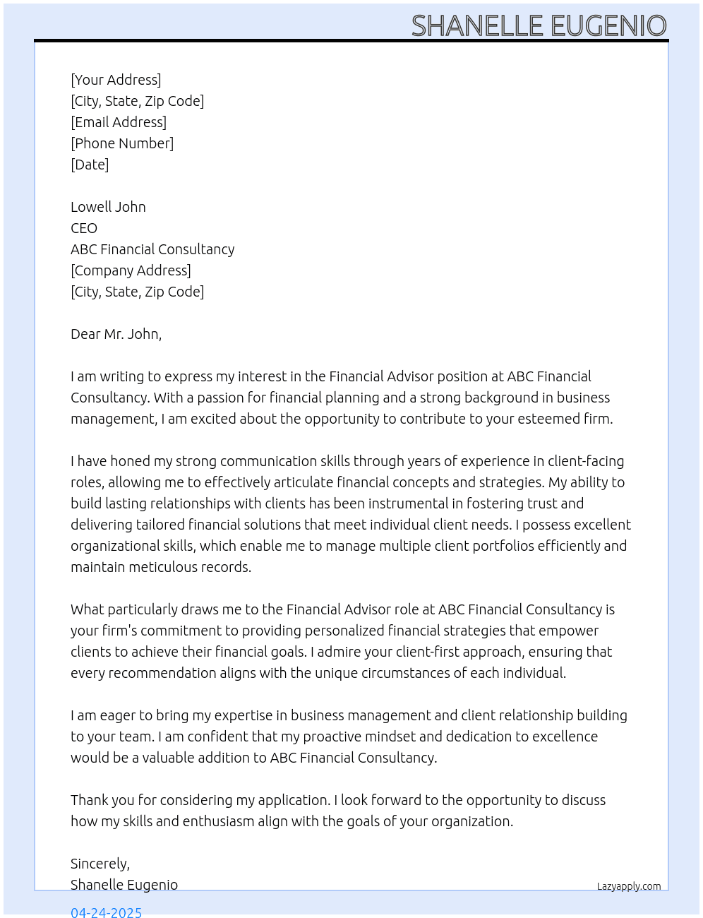 Financial Advisor At ABC Financial Consultancy Cover Letter