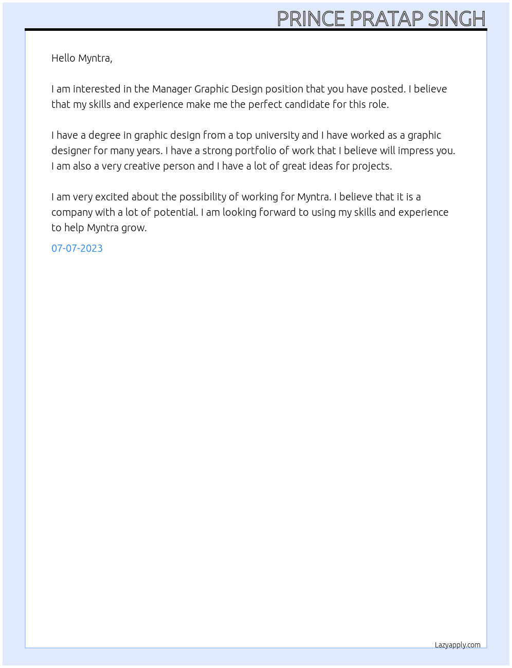 Manager Graphic Design  At Myntra Myntra  Cover Letter