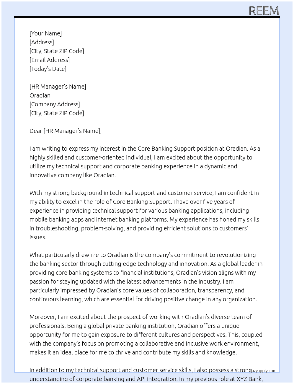 Core banking support At Oradian Cover Letter