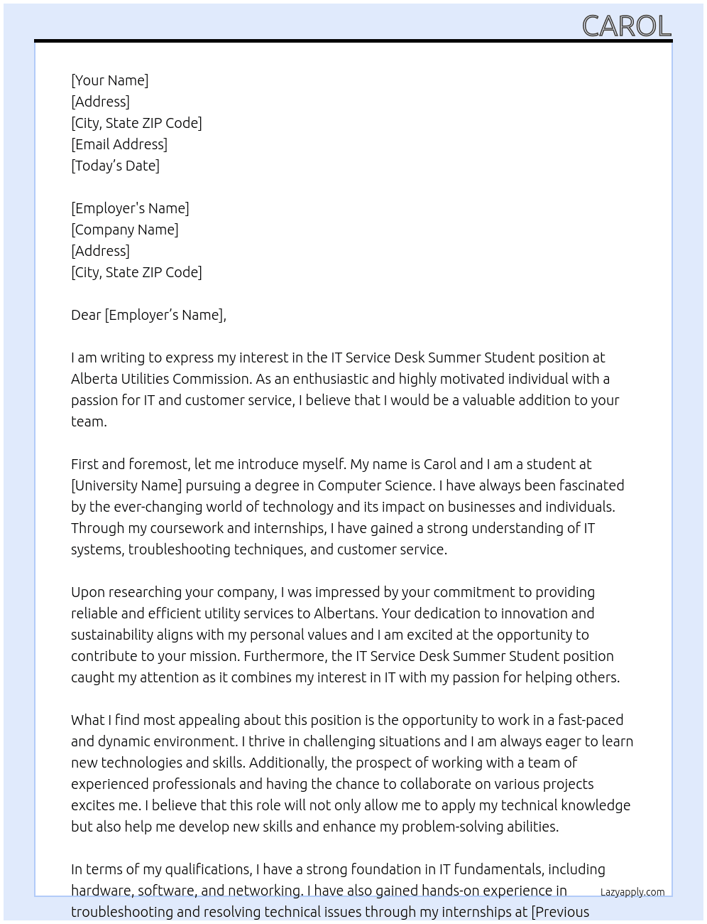 IT Service Desk Summer Student At Alberta Utilities Commission Cover Letter