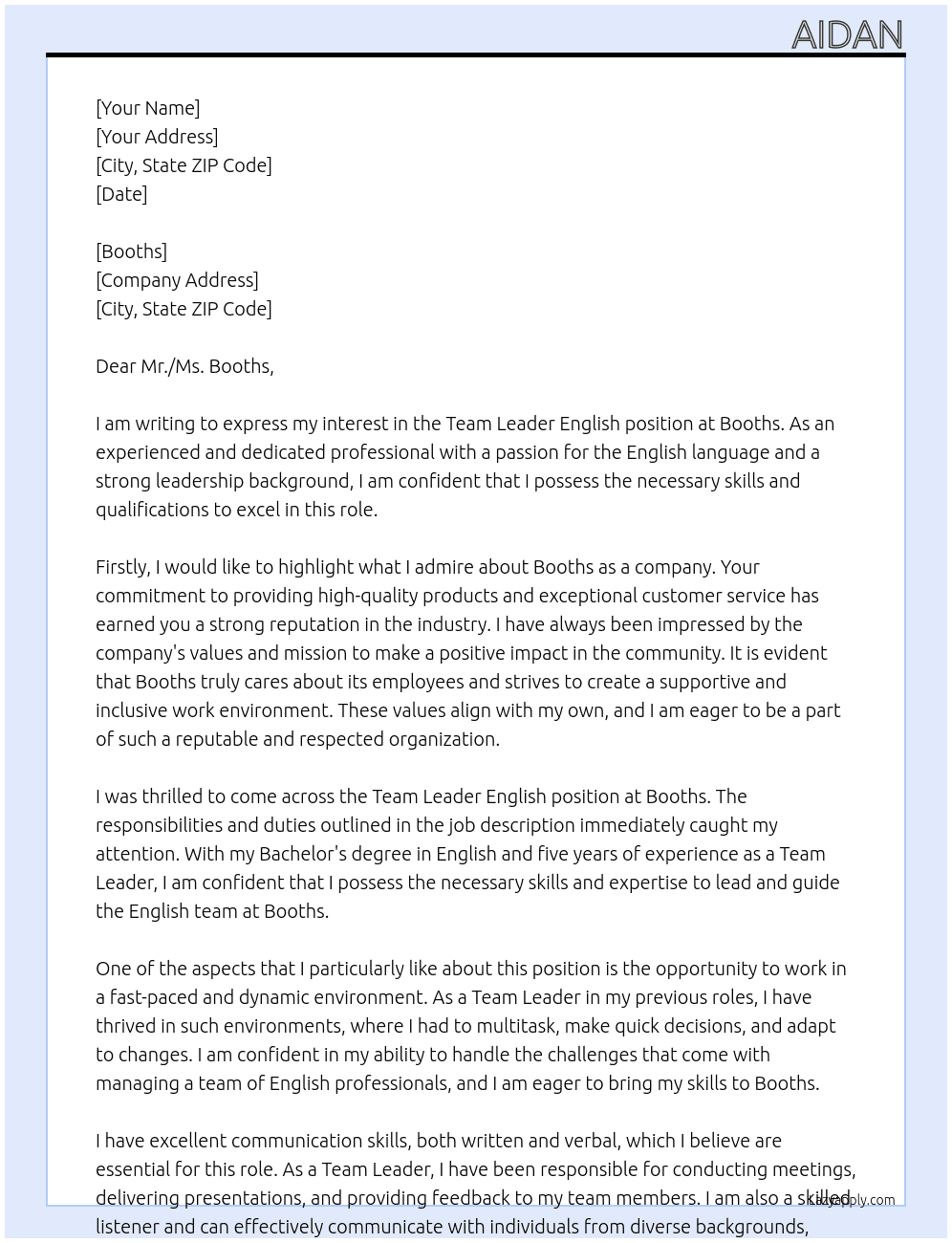 team leader english At Booths Cover Letter