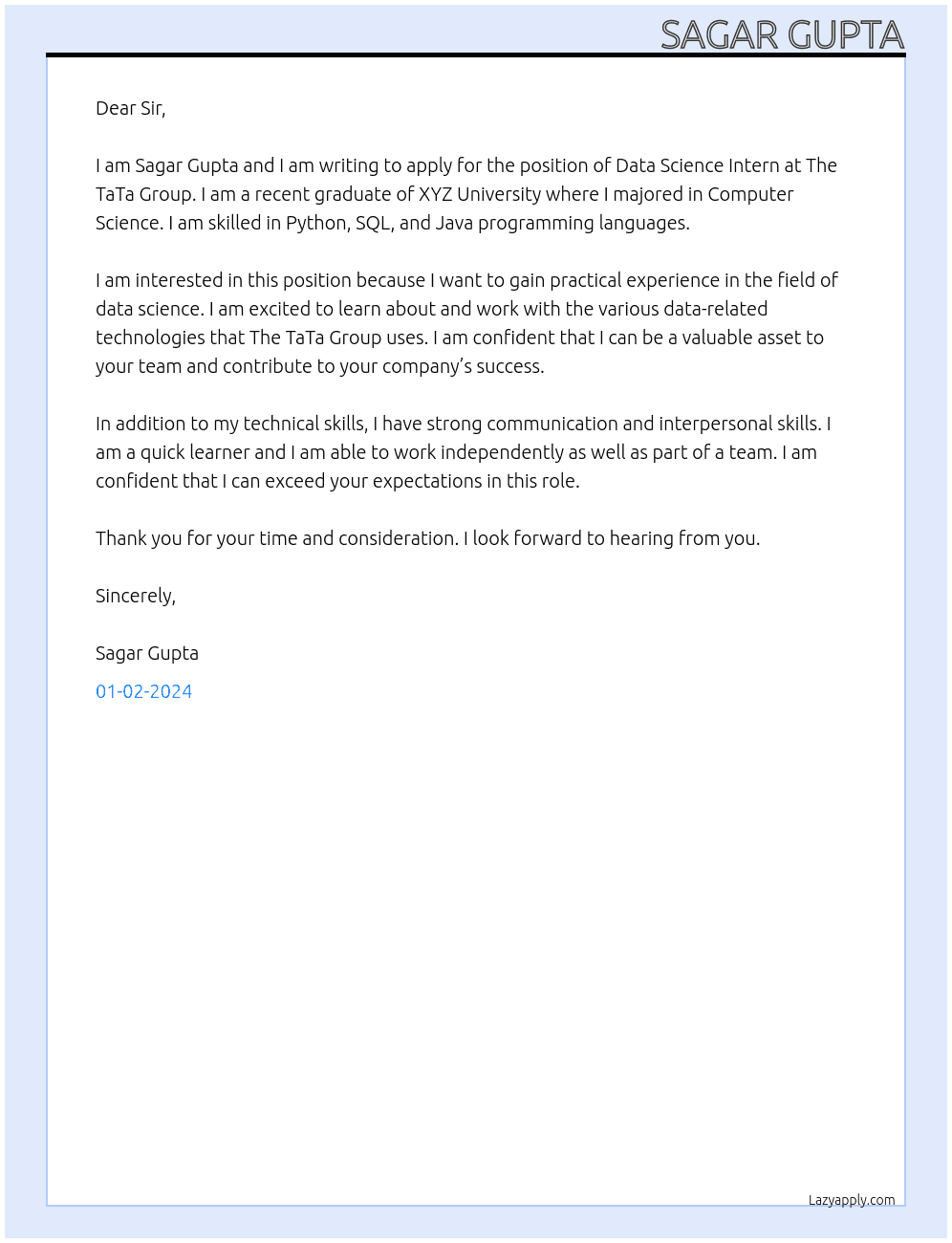 data science At The TaTa Group Cover Letter