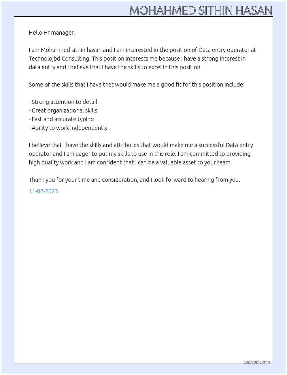 Data entry operator  At Technolojbd Consulting Cover Letter