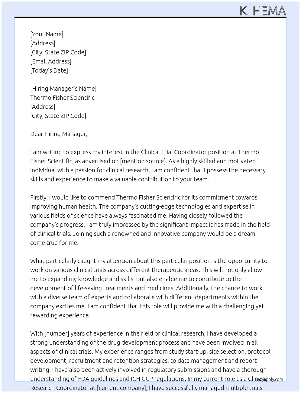 Clinical Trial Coordinator At Thermo Fisher scientific Cover Letter