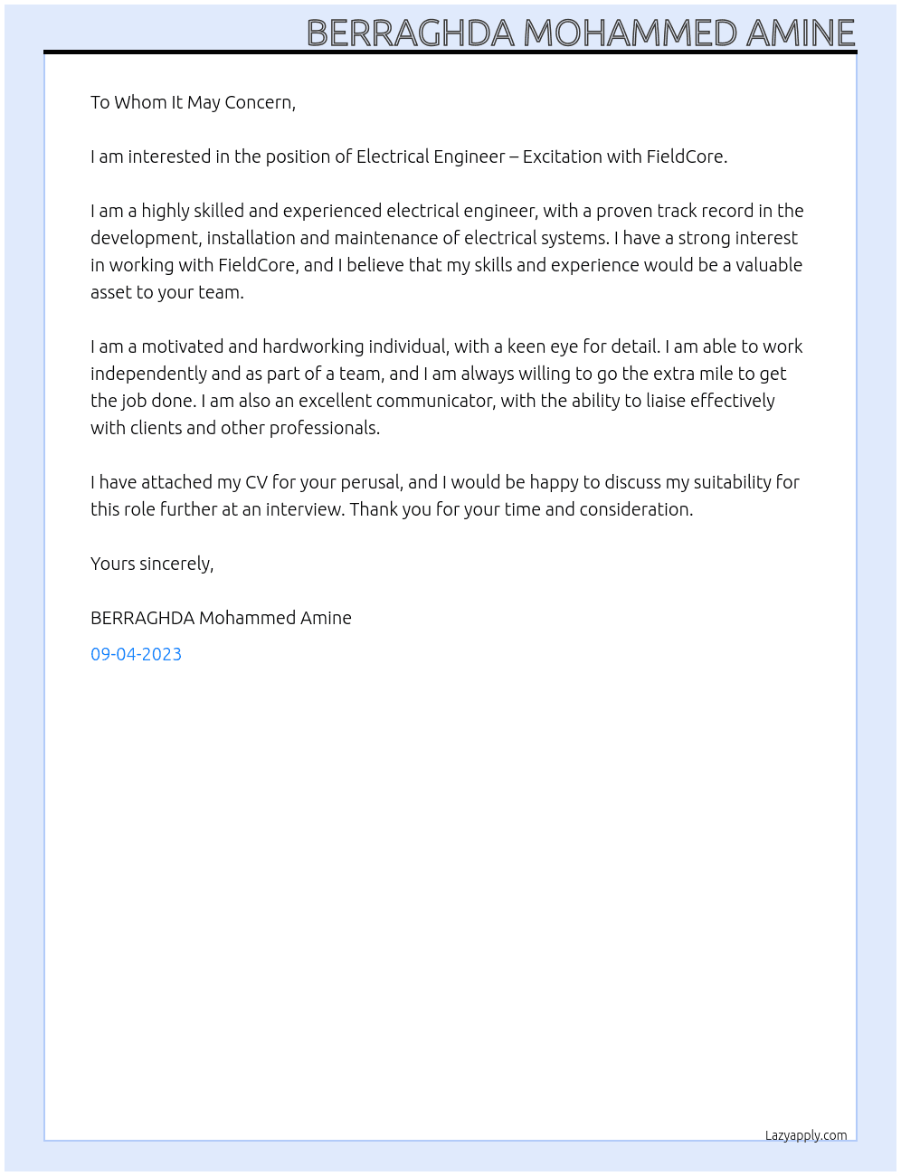 Electrical Engineer - Excitation At FieldCore Cover Letter