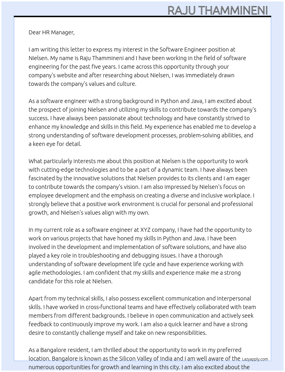 Software engineer  At Nielsen Cover Letter
