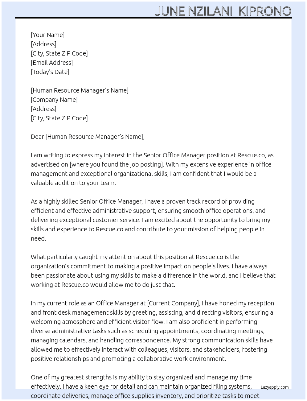 Senior Office Manager At Rescue.co  Cover Letter