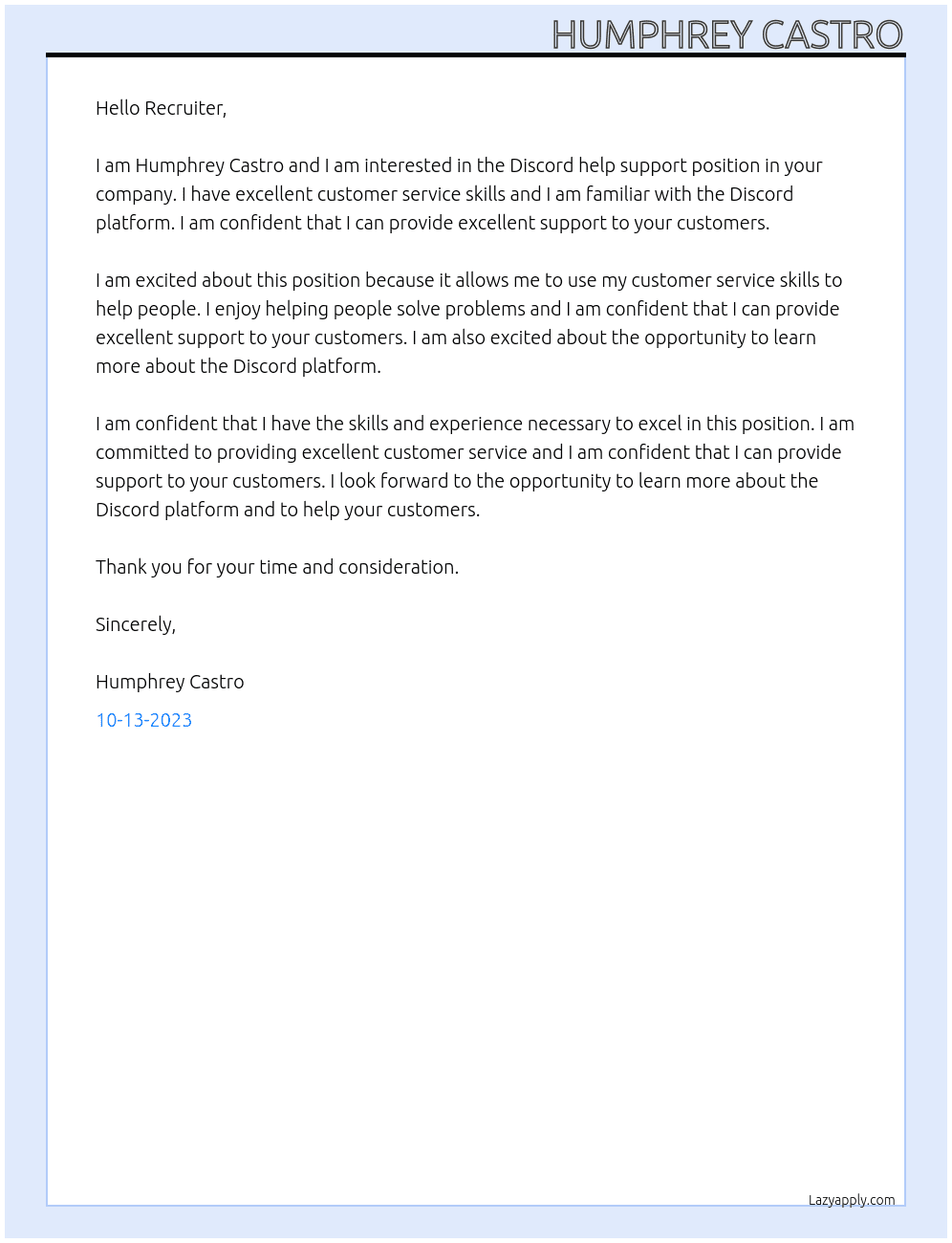 Discord help support At Recruiter's company Cover Letter