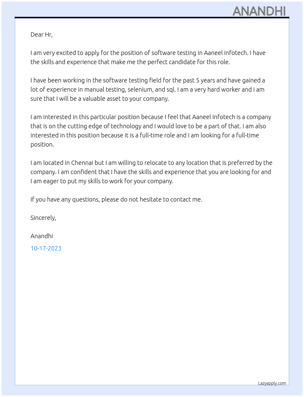 Software testing  At Aaneel infotech  Cover Letter