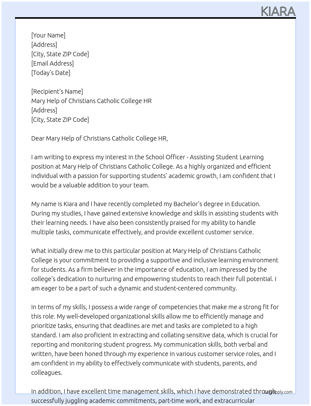 School Officer - Assisting Student Learning At  Mary Help of Christians Catholic College Cover Letter