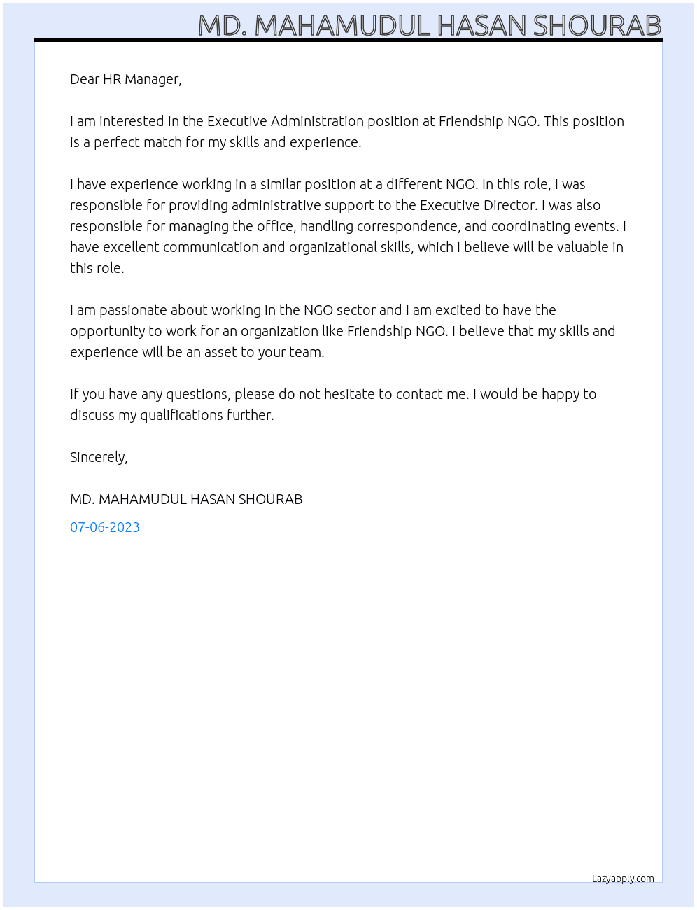 Executive Administration At Friendship NGO Cover Letter
