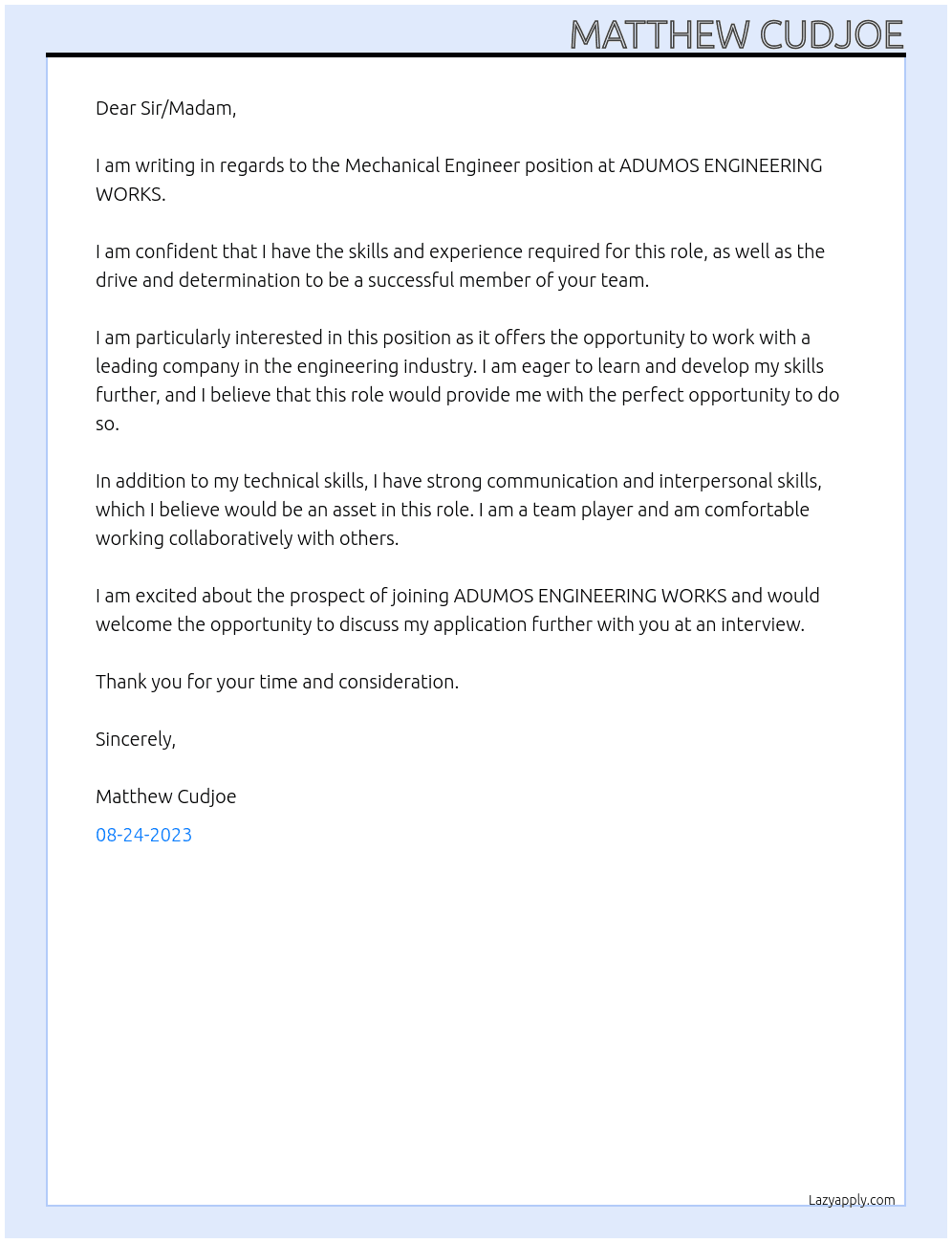 Mechanical engineer At ADUMOS ENGINEERING WORKS Cover Letter