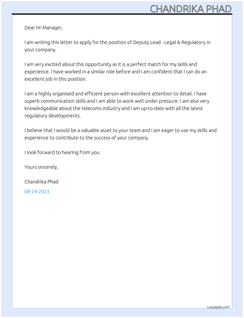 Deputy Lead - Legal & Regulatory At Bharati Airtel Cover Letter