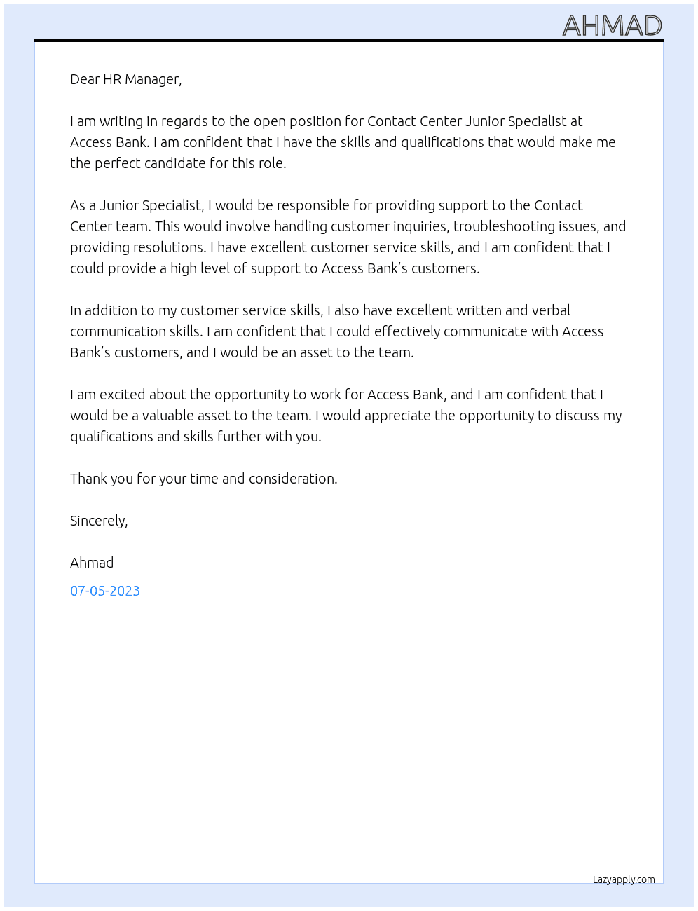 Contact Center Junior Specialist At Access Bank Cover Letter