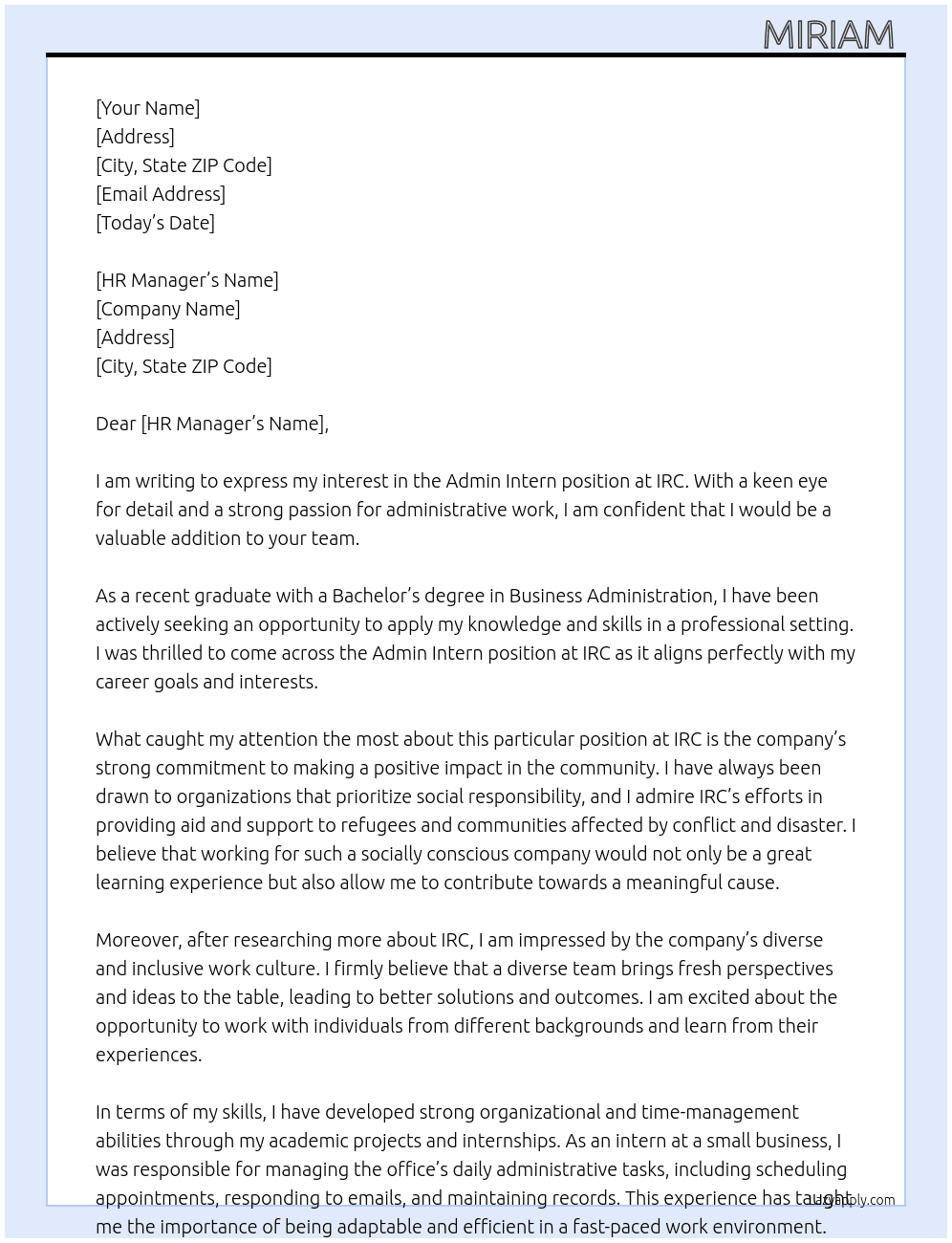 Admin intern  At IRC Cover Letter