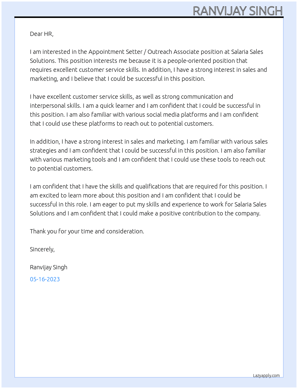 Appointment Setter / Outreach Associate At Salaria Sales Solutions Cover Letter