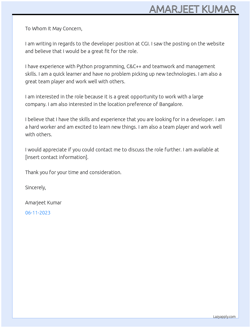 Developer  At CGI Cover Letter