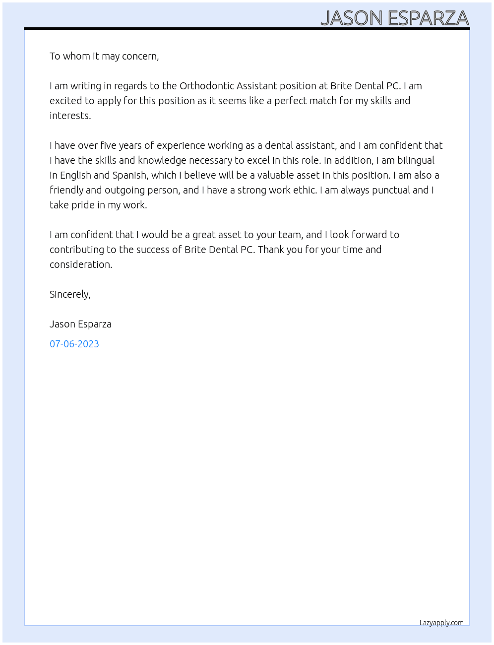 Orthodontic Assistant At Brite Dental PC Cover Letter