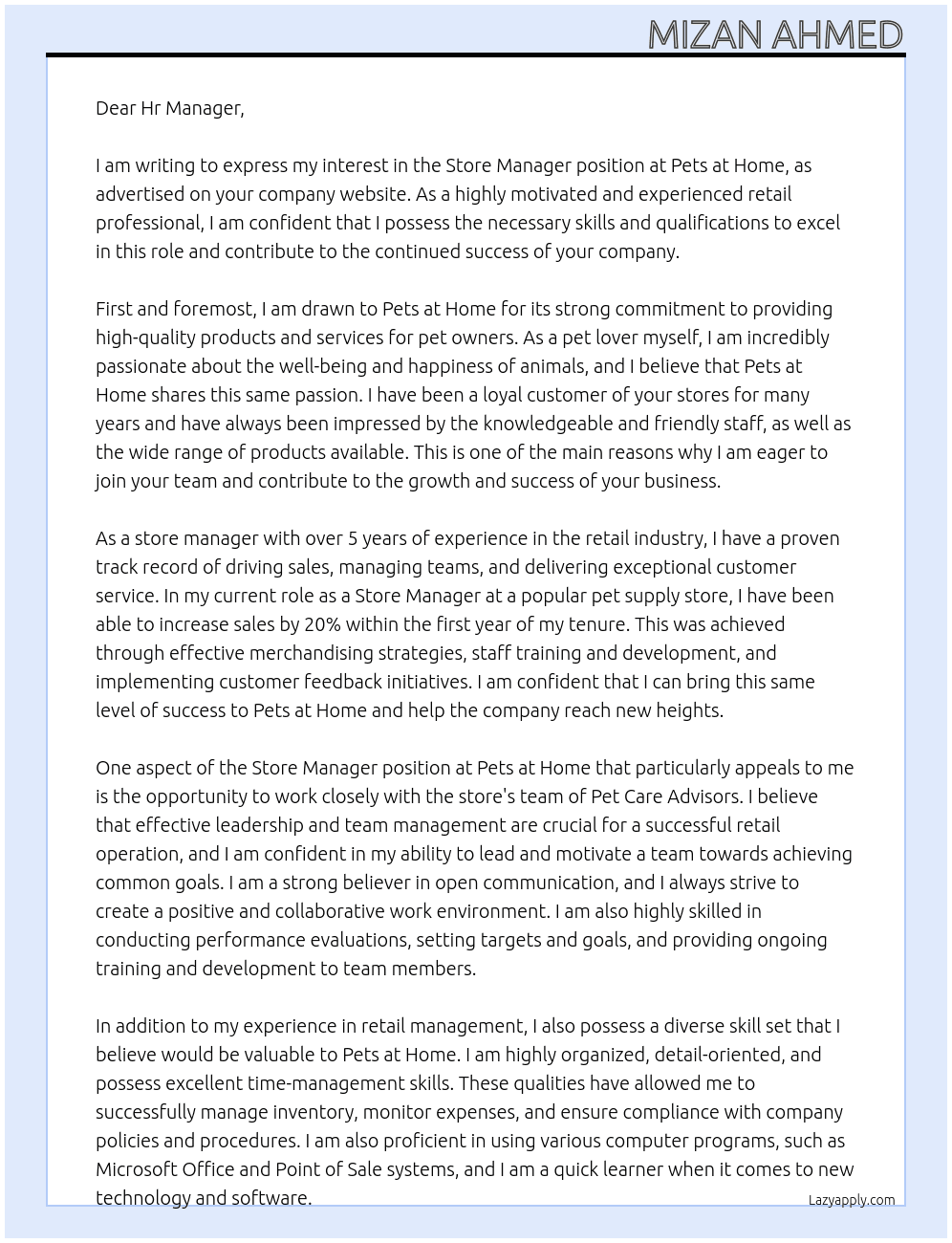 Store Manager At Pets at Home Cover Letter